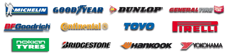 Logos des marques de pneus offertes : Michelin, Goodyear, Dunlop, General Tire, BFGoodrich, Continental, Toyo, Pirelli, Nokian Tyres, Bridgestone, Hankook et Yokohama.
