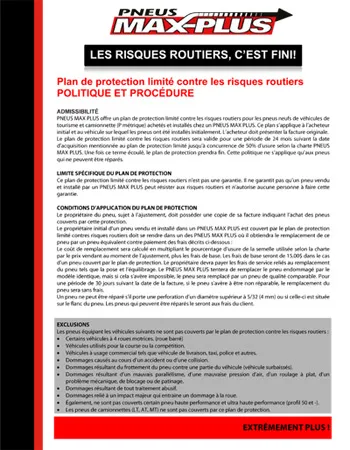 Document du plan de protection limité contre les risques routiers de Pneus Max-Plus, décrivant la politique et la procédure.